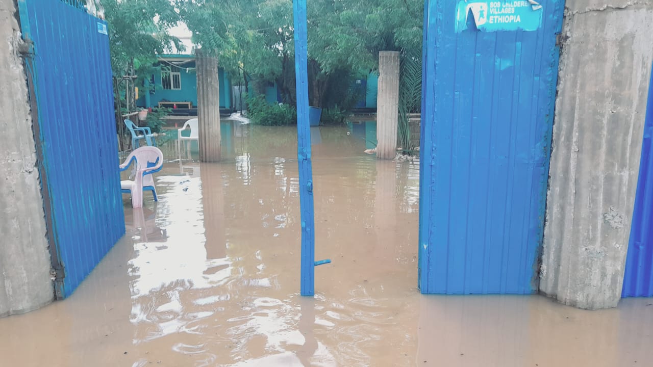 A view into the gates of SOS Children's Villages in Kelafo, Ethiopia, which is under flood water during flooding in the Horn of Africa